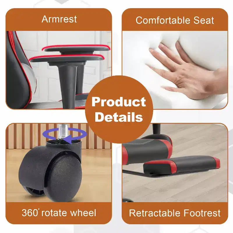 Fauteuil de jeu de course et de bureau avec fonction de massage et soutien lombaire, similicuir PU, pour adulte