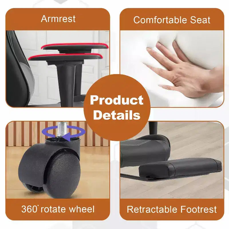 Fauteuil de jeu de course et de bureau avec fonction de massage et soutien lombaire, similicuir PU, pour adulte