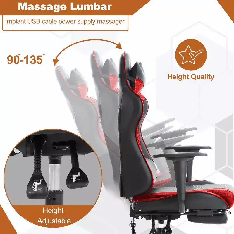 Fauteuil de jeu de course et de bureau avec fonction de massage et soutien lombaire, similicuir PU, pour adulte