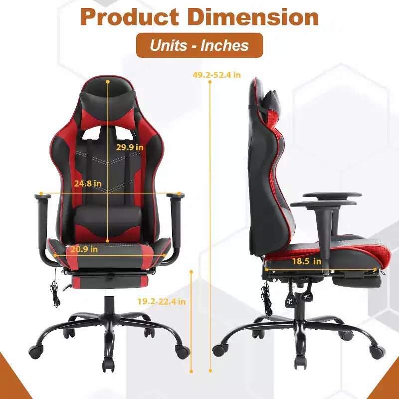 Fauteuil de jeu de course et de bureau avec fonction de massage et soutien lombaire, similicuir PU, pour adulte