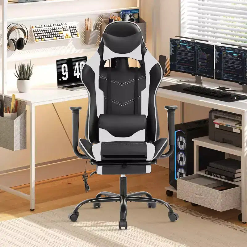 Fauteuil de jeu de course et de bureau avec fonction de massage et soutien lombaire, similicuir PU, pour adulte