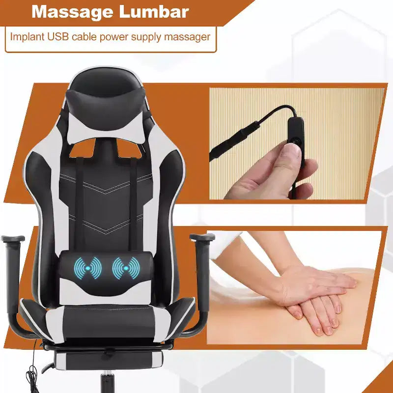Fauteuil de jeu de course et de bureau avec fonction de massage et soutien lombaire, similicuir PU, pour adulte