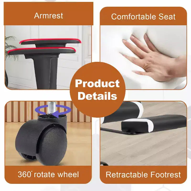 Fauteuil de jeu de course et de bureau avec fonction de massage et soutien lombaire, similicuir PU, pour adulte