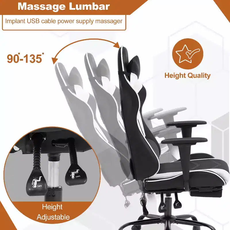 Fauteuil de jeu de course et de bureau avec fonction de massage et soutien lombaire, similicuir PU, pour adulte