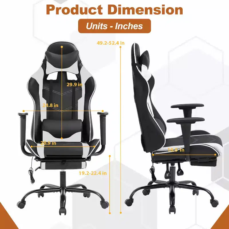 Fauteuil de jeu de course et de bureau avec fonction de massage et soutien lombaire, similicuir PU, pour adulte