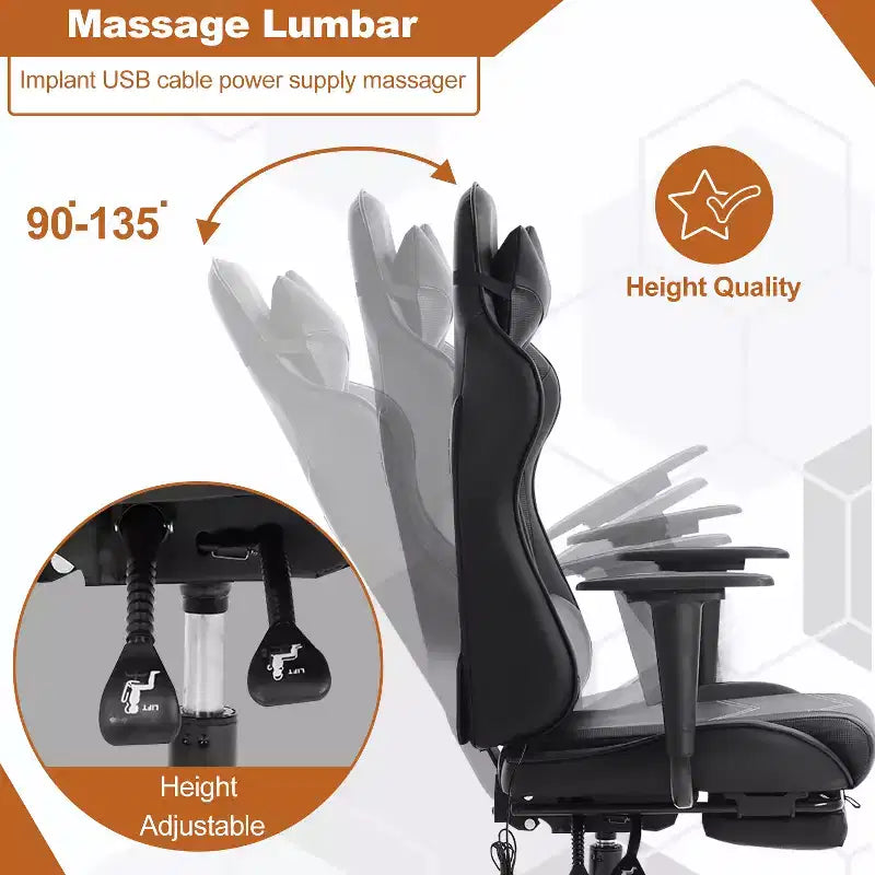 Fauteuil de jeu de course et de bureau avec fonction de massage et soutien lombaire, similicuir PU, pour adulte
