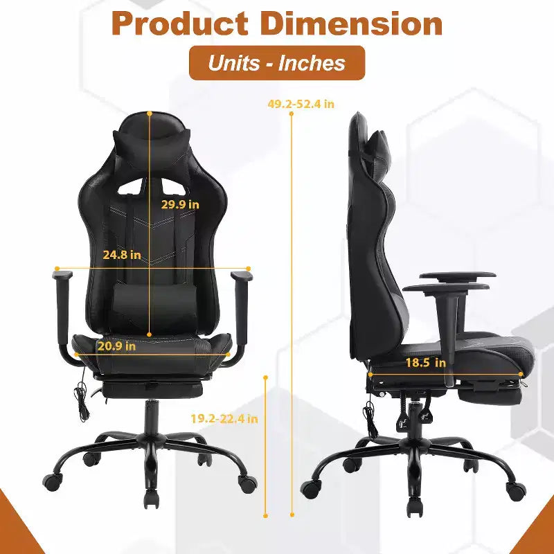 Fauteuil de jeu de course et de bureau avec fonction de massage et soutien lombaire, similicuir PU, pour adulte