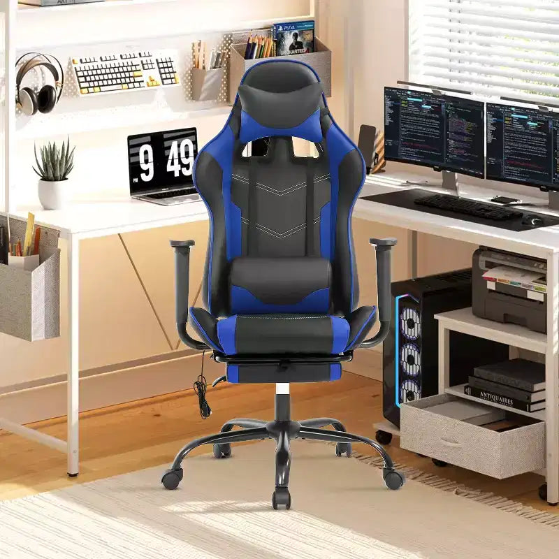 Fauteuil de jeu de course et de bureau avec fonction de massage et soutien lombaire, similicuir PU, pour adulte