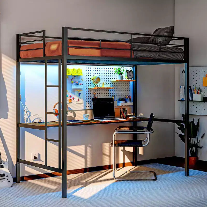 Lit mezzanine une place avec bureau, éclairage LED et station de recharge, cadre de lit mezzanine en métal une place avec barrière de sécurité, échelle, silencieux, noir