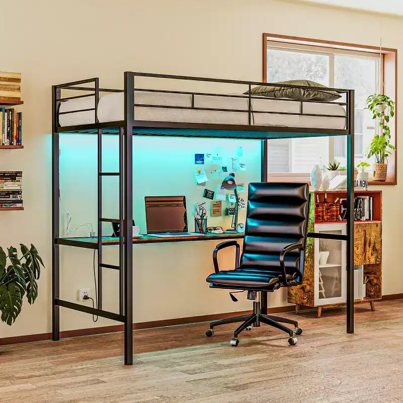 Lit mezzanine une place avec bureau, éclairage LED et station de recharge, cadre de lit mezzanine en métal une place avec barrière de sécurité, échelle, silencieux, noir