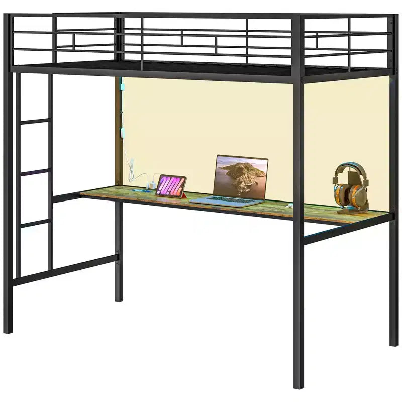 Lit mezzanine une place avec bureau, éclairage LED et station de recharge, cadre de lit mezzanine en métal une place avec barrière de sécurité, échelle, silencieux, noir