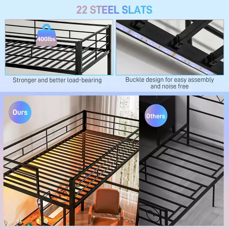 Lit mezzanine une place avec bureau, éclairage LED et station de recharge, cadre de lit mezzanine en métal une place avec barrière de sécurité, échelle, silencieux, noir