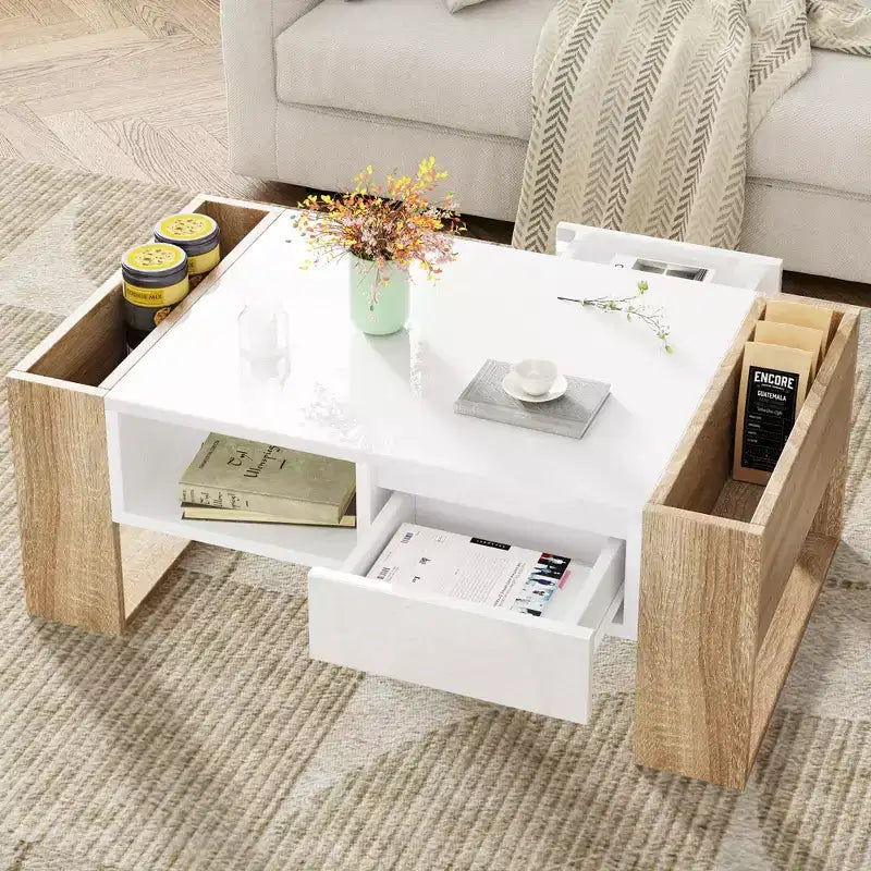 Table basse / table à thé / table centrale de 41 pouces à finition très brillante, avec 2 tiroirs, une étagère de rangement et des compartiments de rangement latéraux