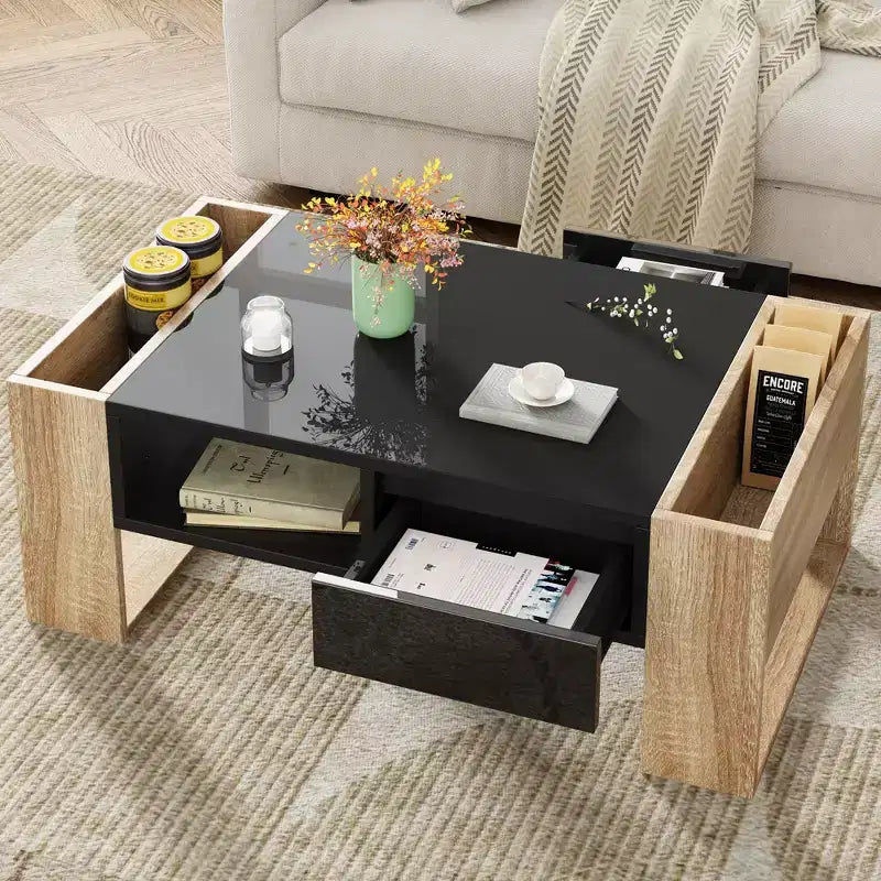 Table basse / table à thé / table centrale de 41 pouces à finition très brillante, avec 2 tiroirs, une étagère de rangement et des compartiments de rangement latéraux