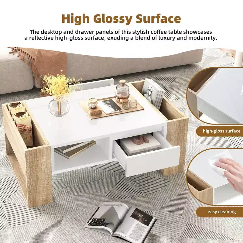 Table basse / table à thé / table centrale de 41 pouces à finition très brillante, avec 2 tiroirs, une étagère de rangement et des compartiments de rangement latéraux