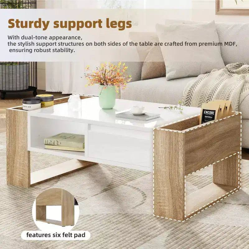Table basse / table à thé / table centrale de 41 pouces à finition très brillante, avec 2 tiroirs, une étagère de rangement et des compartiments de rangement latéraux