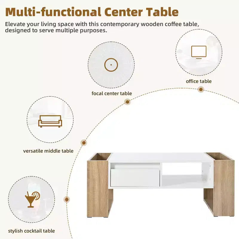 Table basse / table à thé / table centrale de 41 pouces à finition très brillante, avec 2 tiroirs, une étagère de rangement et des compartiments de rangement latéraux