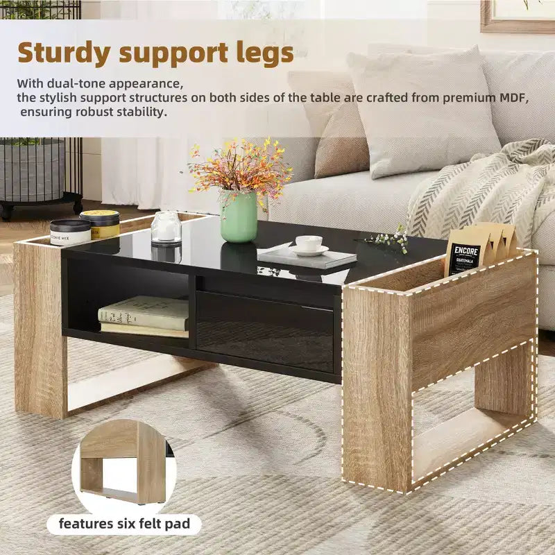 Table basse / table à thé / table centrale de 41 pouces à finition très brillante, avec 2 tiroirs, une étagère de rangement et des compartiments de rangement latéraux