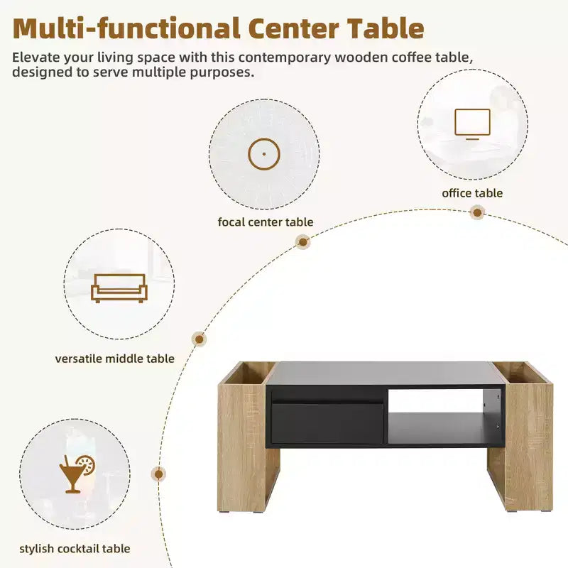 Table basse / table à thé / table centrale de 41 pouces à finition très brillante, avec 2 tiroirs, une étagère de rangement et des compartiments de rangement latéraux