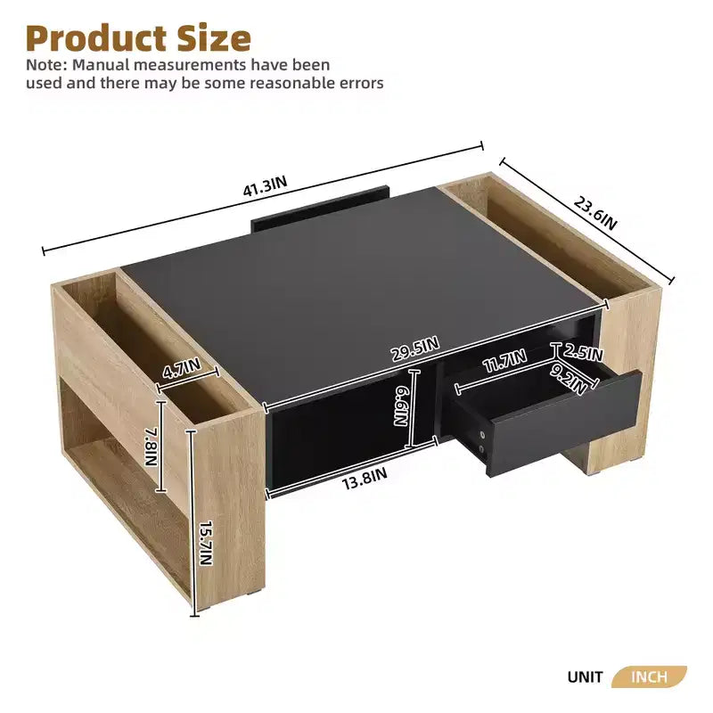 Table basse / table à thé / table centrale de 41 pouces à finition très brillante, avec 2 tiroirs, une étagère de rangement et des compartiments de rangement latéraux