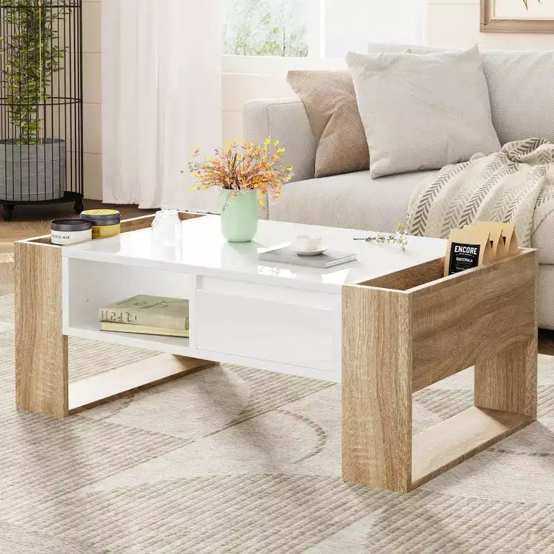 Table basse / table à thé / table centrale de 41 pouces à finition très brillante, avec 2 tiroirs, une étagère de rangement et des compartiments de rangement latéraux