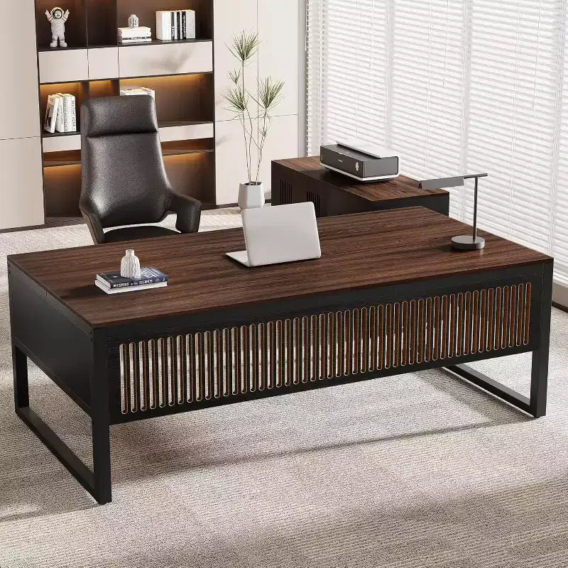 Bureau de direction en L de 63 pouces, grand bureau d’ordinateur moderne avec caisson mobile pour bureau à domicile