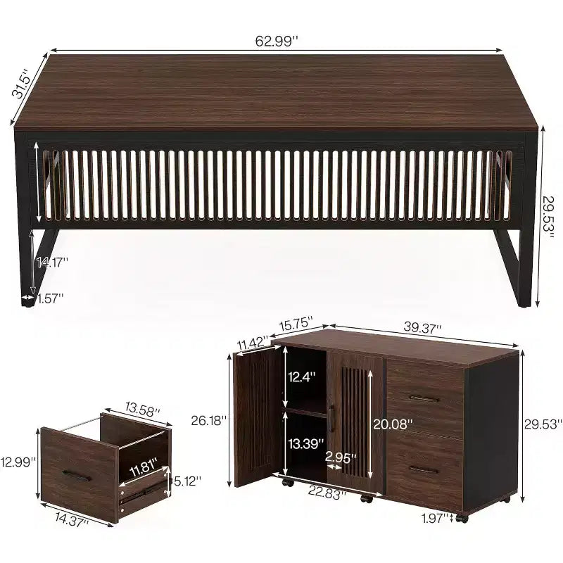 Bureau de direction en L de 63 pouces, grand bureau d’ordinateur moderne avec caisson mobile pour bureau à domicile