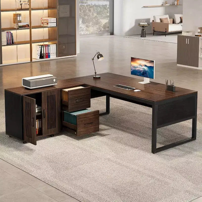 Escritorio ejecutivo en forma de L de 63 pulgadas, moderno y grande, para computadora, con archivador móvil para oficina en casa