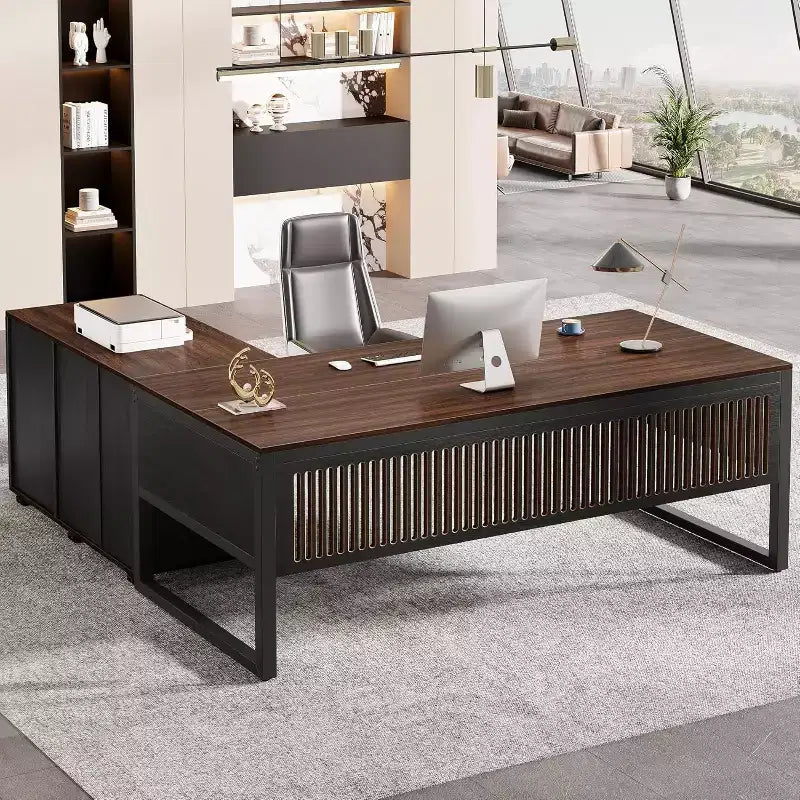 Escritorio ejecutivo en forma de L de 63 pulgadas, moderno y grande, para computadora, con archivador móvil para oficina en casa