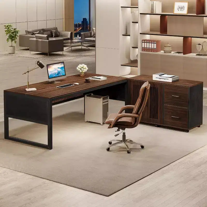 Escritorio ejecutivo en forma de L de 63 pulgadas, moderno y grande, para computadora, con archivador móvil para oficina en casa