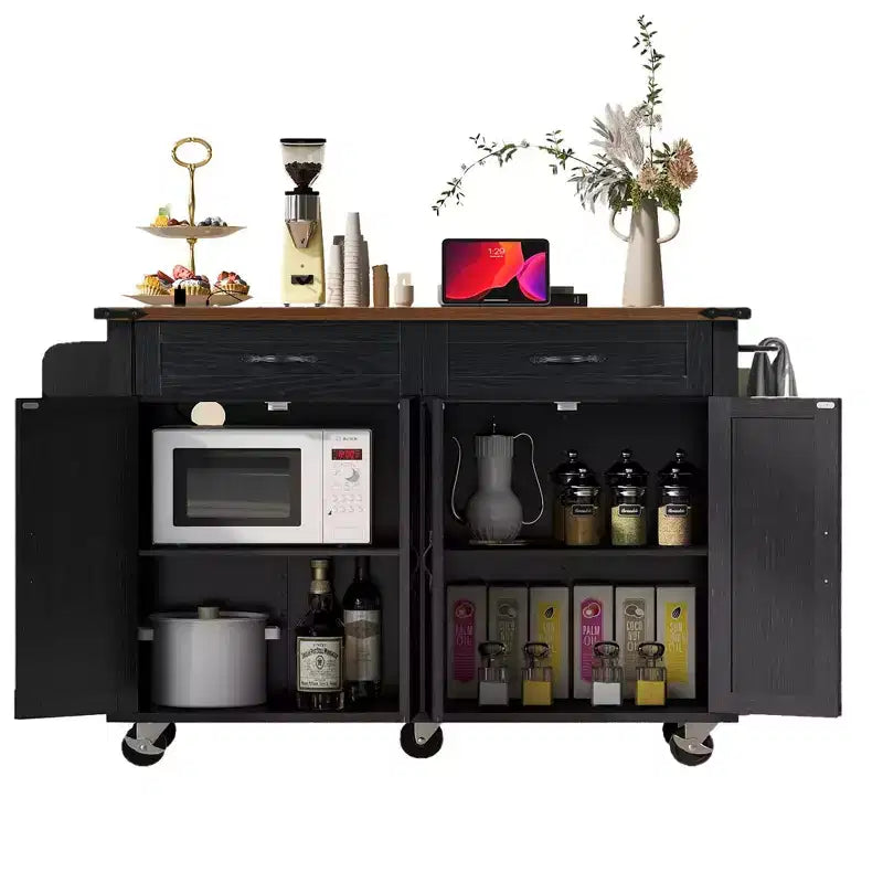 Îlot de cuisine à roulettes de style rustique avec prise électrique, étagère de rangement, tablette rabattable et porte-épices