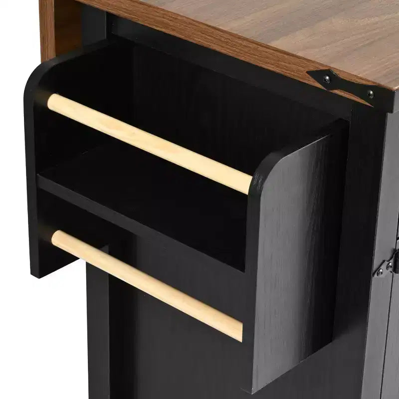 Îlot de cuisine à roulettes de style rustique avec prise électrique, étagère de rangement, tablette rabattable et porte-épices