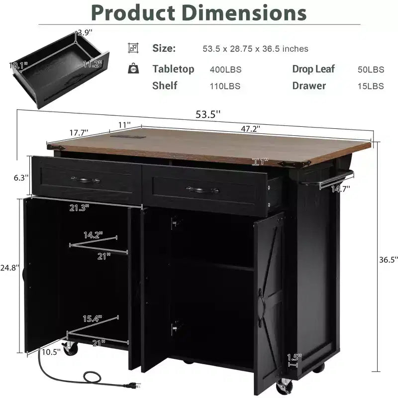 Îlot de cuisine à roulettes de style rustique avec prise électrique, étagère de rangement, tablette rabattable et porte-épices