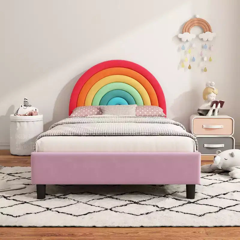 Lit plateforme rembourré une place avec tête de lit à motif arc-en-ciel, lit de princesse au style mignon pour garçons et filles, adolescents, multicolore et rose