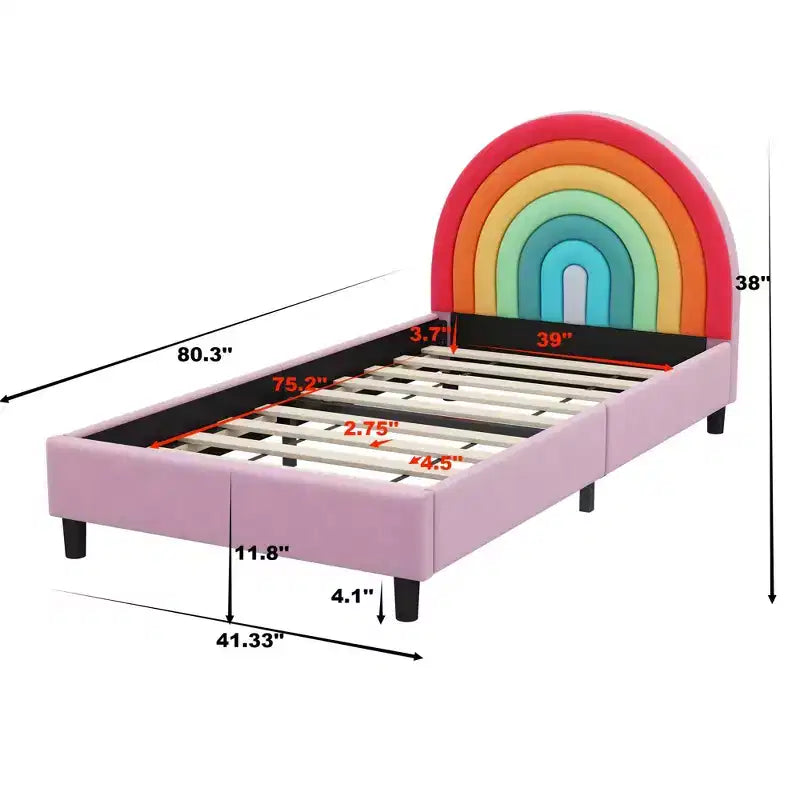 Lit plateforme rembourré une place avec tête de lit à motif arc-en-ciel, lit de princesse au style mignon pour garçons et filles, adolescents, multicolore et rose
