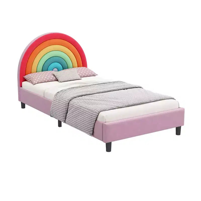 Lit plateforme rembourré une place avec tête de lit à motif arc-en-ciel, lit de princesse au style mignon pour garçons et filles, adolescents, multicolore et rose