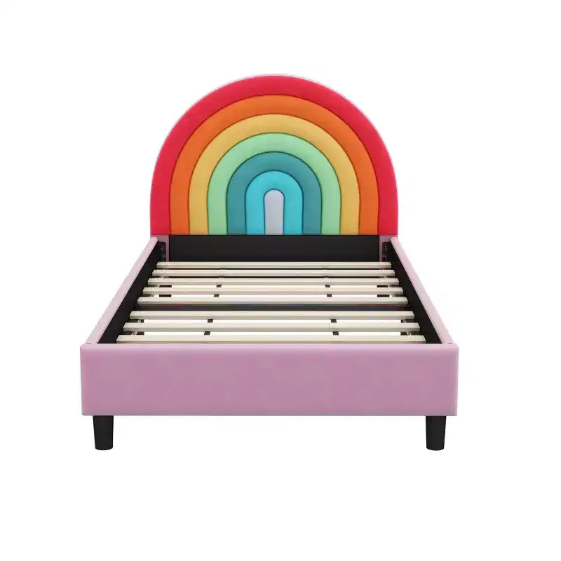 Lit plateforme rembourré une place avec tête de lit à motif arc-en-ciel, lit de princesse au style mignon pour garçons et filles, adolescents, multicolore et rose
