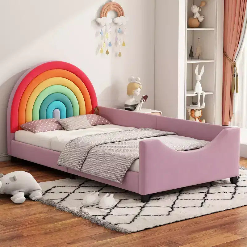 Lit plateforme rembourré une place avec tête de lit à motif arc-en-ciel, lit de princesse au style mignon pour garçons et filles, adolescents, multicolore et rose