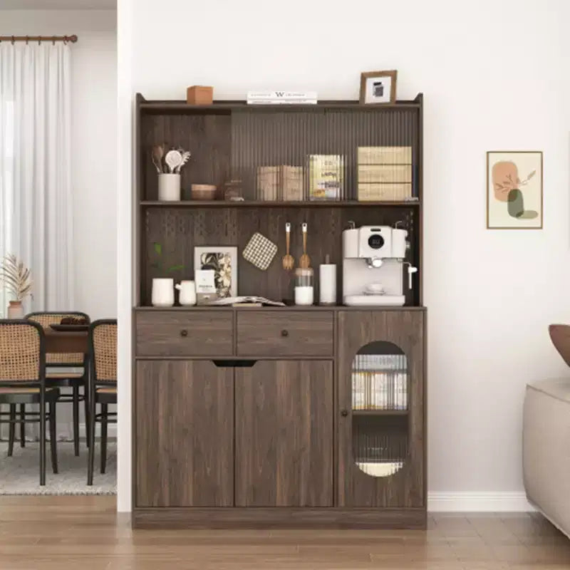 Armoire de rangement de cuisine de 71 de haut, grande capacité, avec portes en verre cannelé et support pour micro-ondes, étagères de boulanger avec rangement