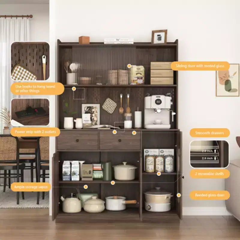 Armoire de rangement de cuisine de 71 de haut, grande capacité, avec portes en verre cannelé et support pour micro-ondes, étagères de boulanger avec rangement