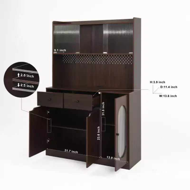 Armoire de rangement de cuisine de 71 de haut, grande capacité, avec portes en verre cannelé et support pour micro-ondes, étagères de boulanger avec rangement