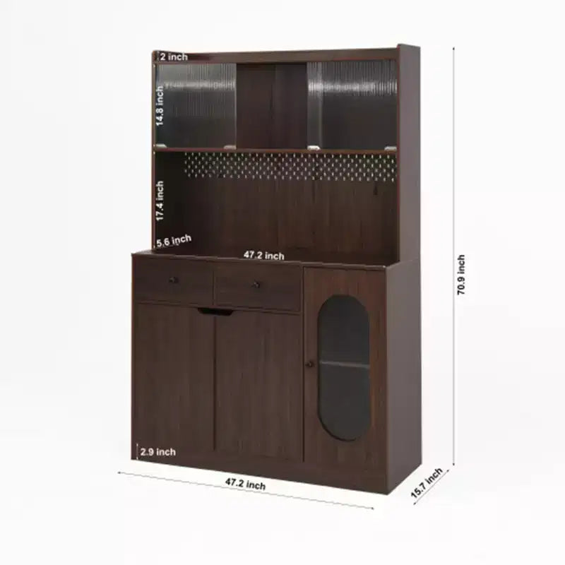 Armoire de rangement de cuisine de 71 de haut, grande capacité, avec portes en verre cannelé et support pour micro-ondes, étagères de boulanger avec rangement