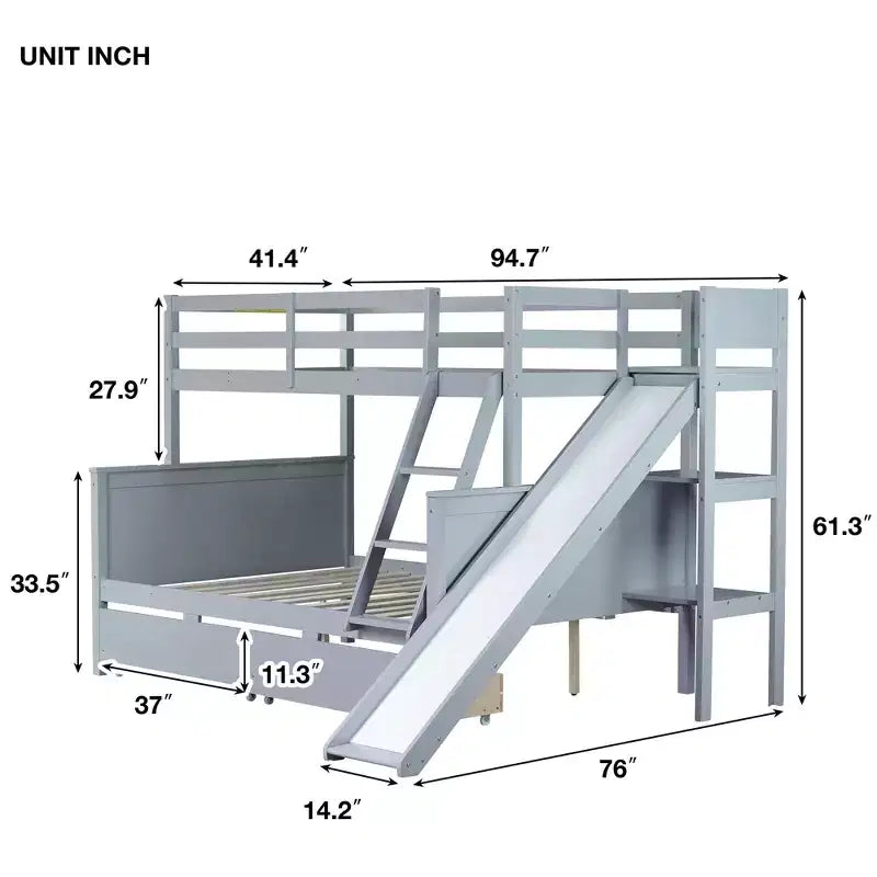 Lit superposé avec lit simple en haut et lit double en bas, 2 tiroirs, étagères, toboggan, échelle, barrières de sécurité et cadre en bois d’hévéa, blanc/gris