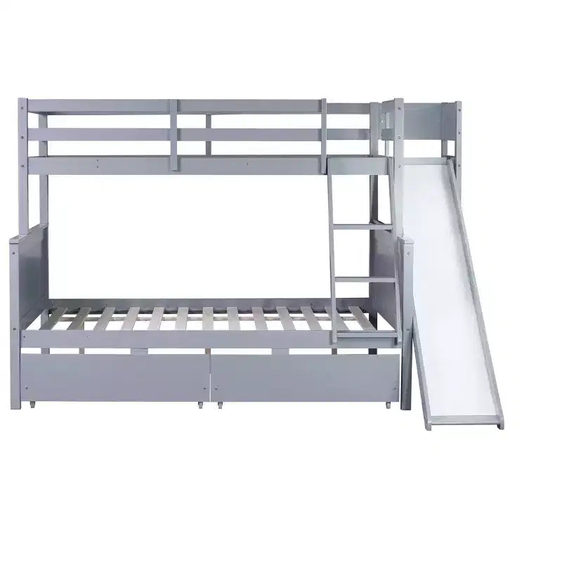 Lit superposé avec lit simple en haut et lit double en bas, 2 tiroirs, étagères, toboggan, échelle, barrières de sécurité et cadre en bois d’hévéa, blanc/gris