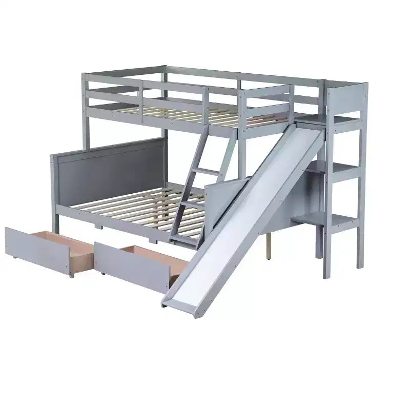 Lit superposé avec lit simple en haut et lit double en bas, 2 tiroirs, étagères, toboggan, échelle, barrières de sécurité et cadre en bois d’hévéa, blanc/gris