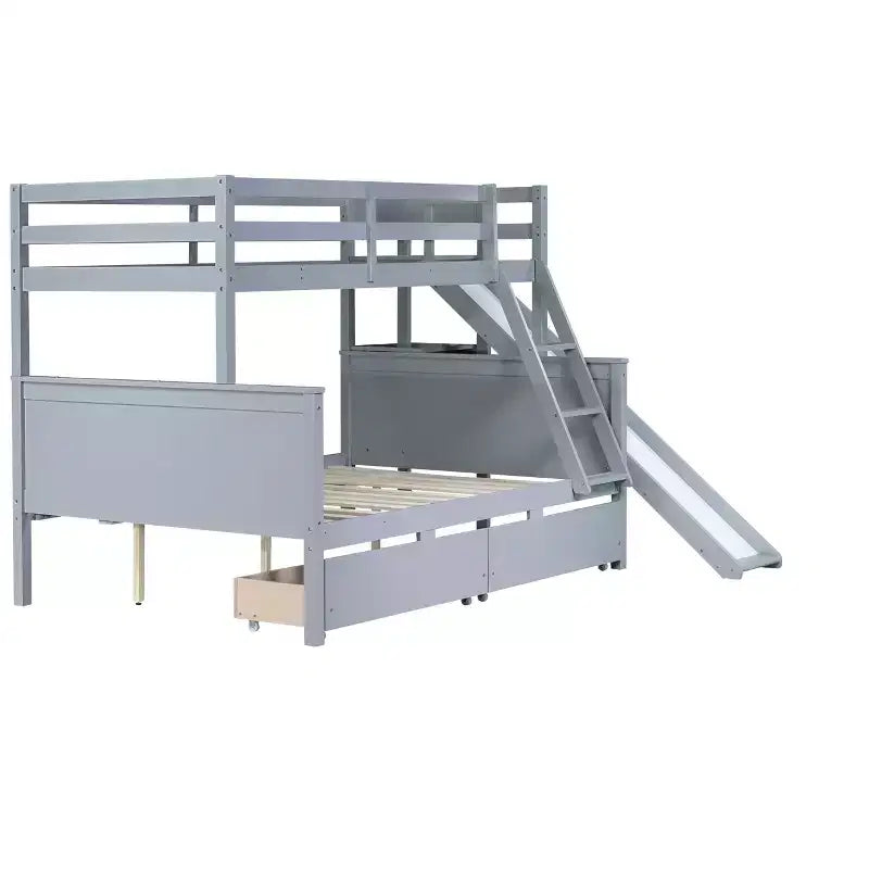Lit superposé avec lit simple en haut et lit double en bas, 2 tiroirs, étagères, toboggan, échelle, barrières de sécurité et cadre en bois d’hévéa, blanc/gris