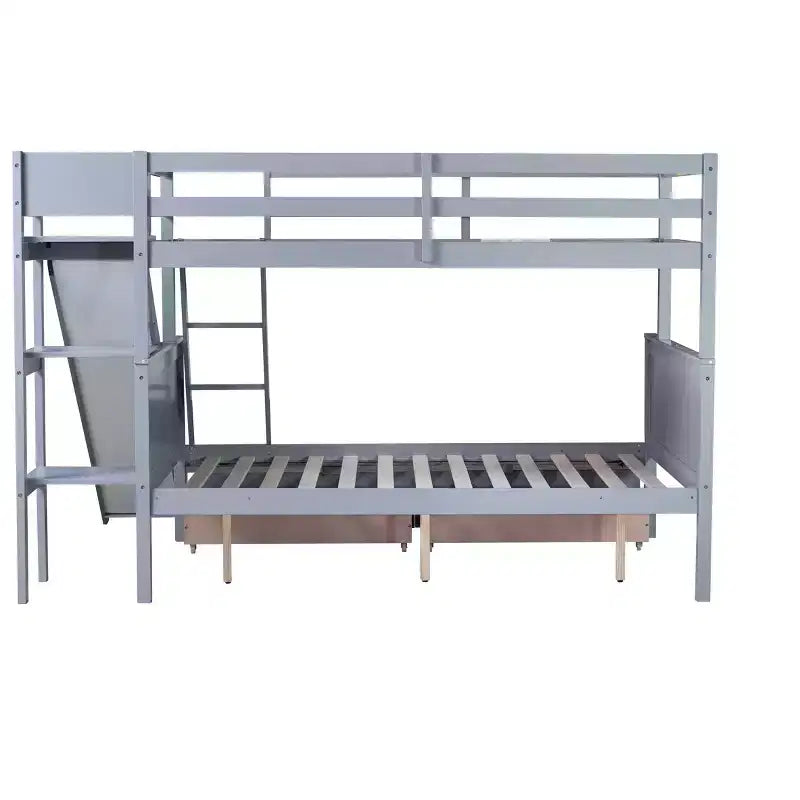 Lit superposé avec lit simple en haut et lit double en bas, 2 tiroirs, étagères, toboggan, échelle, barrières de sécurité et cadre en bois d’hévéa, blanc/gris