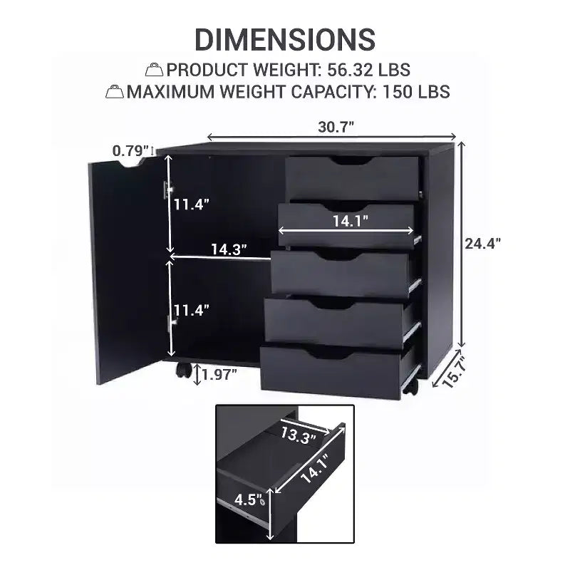 Caisson de rangement pour dossiers de bureau à 5 tiroirs et étagères, armoires à dossiers en bois pour bureau à domicile, caisson mobile latéral