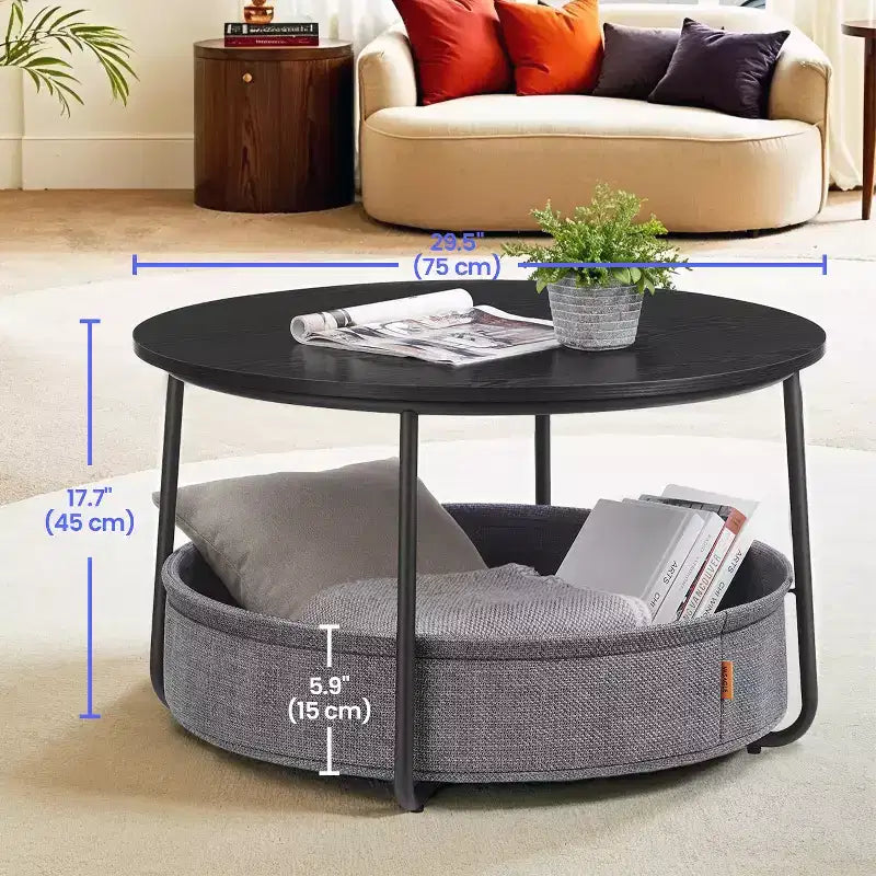 Mesa de centro redonda con estructura metálica, estilo moderno, para sala de estar, con espacio de almacenamiento y cesta de tela