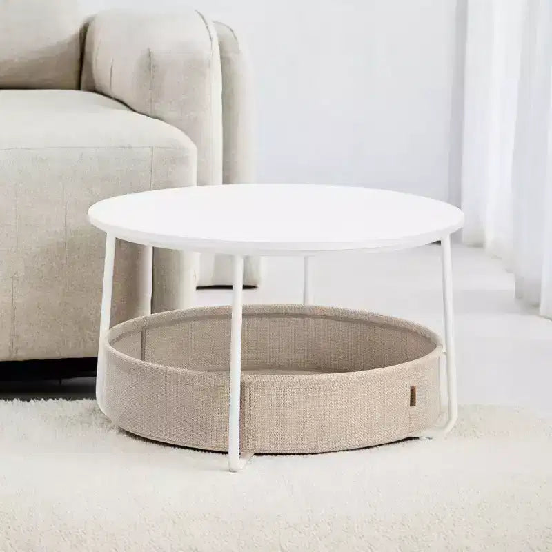 Mesa de centro redonda con estructura metálica, estilo moderno, para sala de estar, con espacio de almacenamiento y cesta de tela